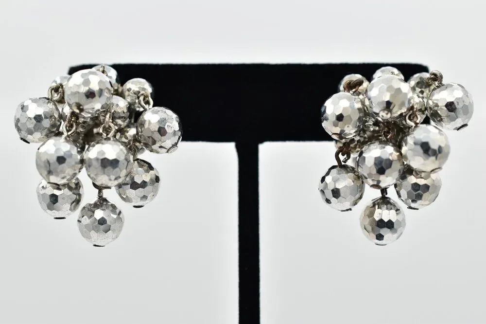 Laguna Vintage Clip On Crystal Earrings Silver Disco Chandelier Signed 50s BinBK